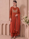 Rust Zari Embroidered Kurta Set With Trouser And Dupatta