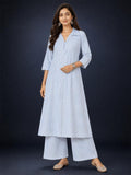Women Blue Striped Shirt Collar Kurta Set