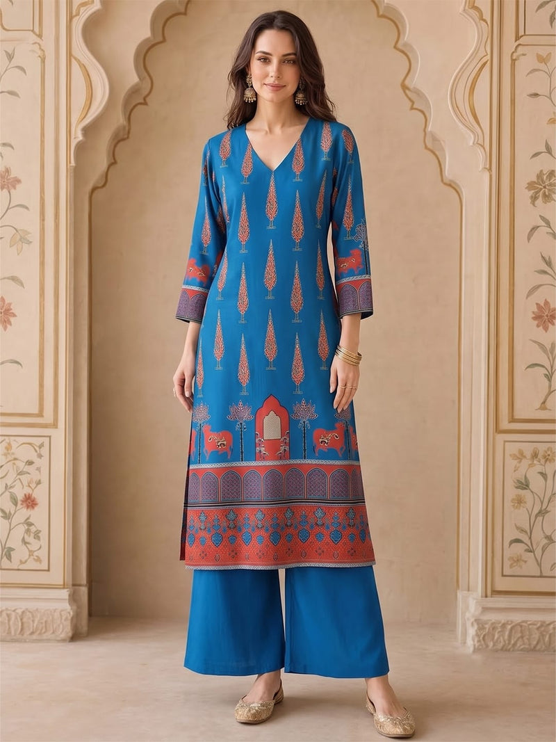Women Blue Ethnic Printed Kurta With Trousers