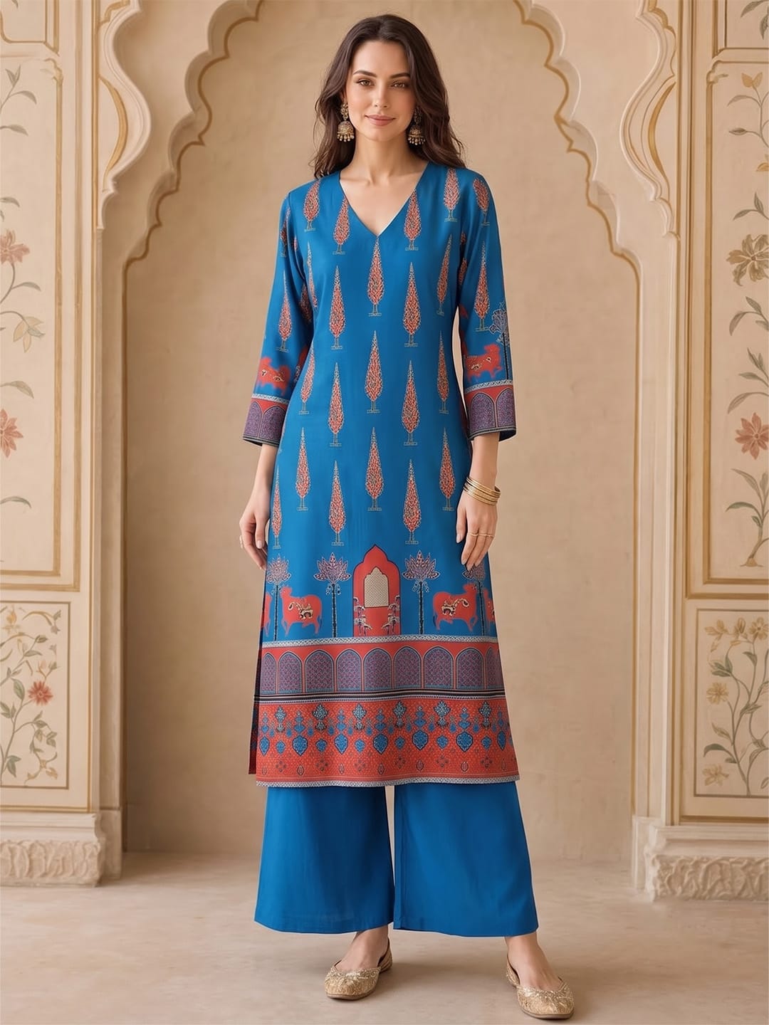 Women Blue Ethnic Printed Kurta With Trousers