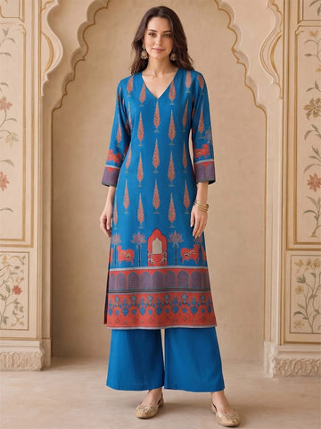 Women Blue Ethnic Printed Kurta With Trousers