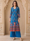 Women Blue Ethnic Printed Kurta With Trousers