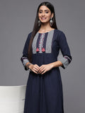 Varanga Women Navy Blue & White Yoke Design Screen Print Thread Work Cotton Straight Kurta