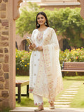 varanga Women Elegant White Ethnic 3-Piece Suit Set With Woven Kurta, Straight Pants, And A Rich Brocade Dupatta.