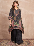 Black  Mughal-Printed C Cut Kurta With Lace Detailing, Paired With Solid Ankle-Length Divider Pants For A Stylish Ethnic Look