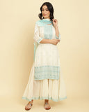 varanga women cream blue embroidered kurta attached with skirt