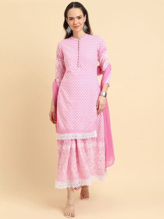 KSUT Women Pink Chikankari Kurta Attached With Skirt And Paired With Dupatta