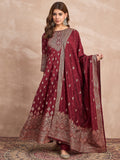 Red  Anarkali Kurta Paired With Trousers And Printed Dupatta