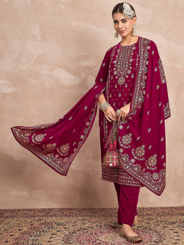 Velvet  Kurta Set , Paired With Trousers, And A Printed Velvet Dupatta