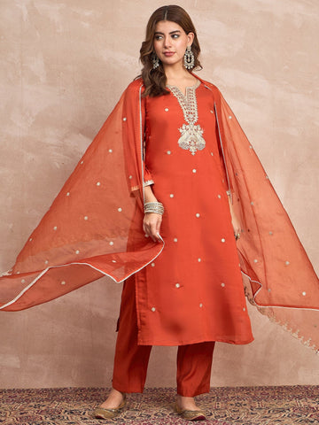 Kurta Set With Intricate Zari Embroidery, Paired With Solid Ankle-Length Trousers And An Embroidered Dupatta For A Graceful Festive Look