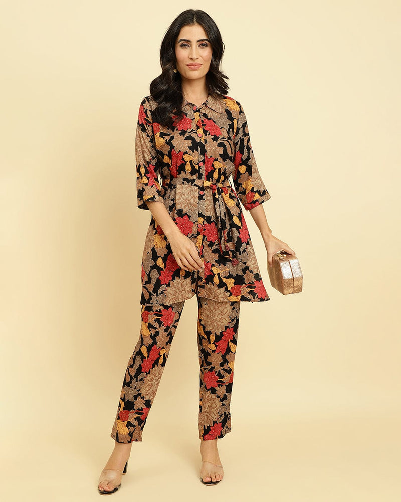 Varanga Women Black Floral Printed Straight Kurta Paired With Tonal Printed Bottom