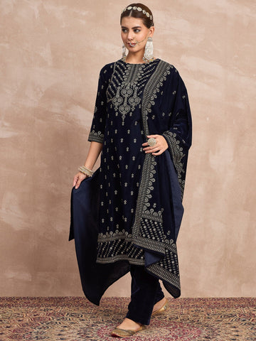 Velvet  Kurta Set , Paired With Trousers, And A Printed Velvet Dupatta