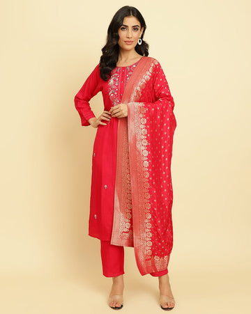 Varanga Women Fuchsia Embroidered Straight Kurta Paired With Tonal Bottom and Dupatta