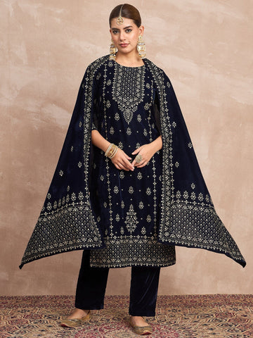 Velvet  Kurta Set , Paired With Trousers, And A Printed Velvet Dupatta