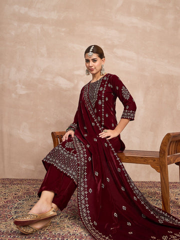 Velvet  Kurta Set , Paired With Trousers, And A Printed Velvet Dupatta