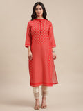 KSUT Red And Cream Bandhej Printed Straight Kurta With 3/4Th Sleeves.