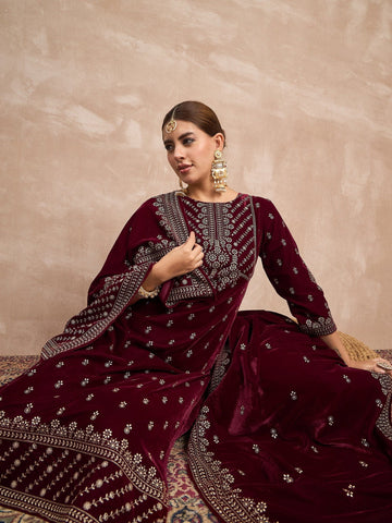 Velvet  Kurta Set , Paired With Trousers, And A Printed Velvet Dupatta