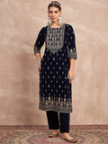 Velvet Kurta With Silver Print, Paired With  Trousers For An Elegant, Everyday Look