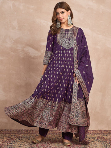 Purple Anarkali Kurta Paired With Trousers And Printed Dupatta