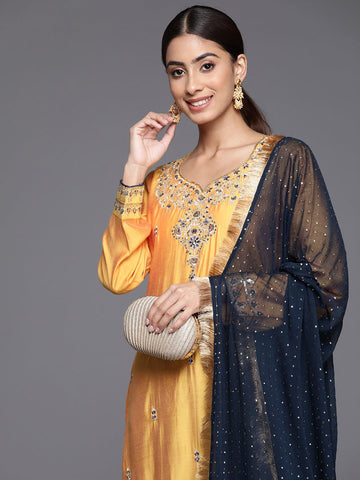 Varanga Women Yellow Yoke And Embroidered Kurta With Bottom And Dupatta