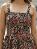 Black Floral Printed Sleeveless A-Line Dress with Halter Neck and Smocked Bodice