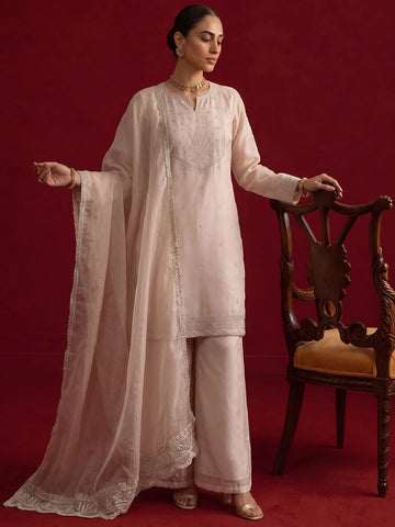 Embroidered Chanderi Kurta Set With Palazzo And Matching Dupatta