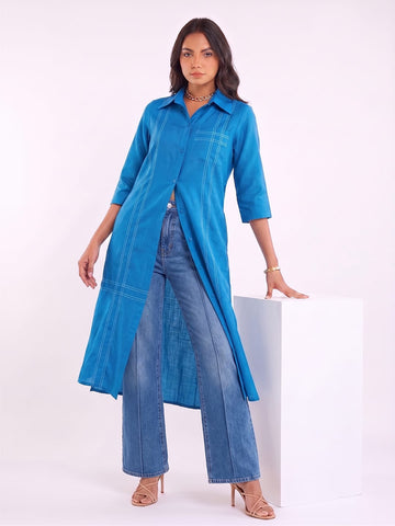 Blue Shirt-Style Kurta Elevated With Chic Contrast Stitch Detailing.