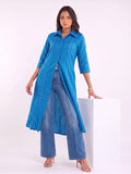 Blue Shirt-Style Kurta Elevated With Chic Contrast Stitch Detailing.