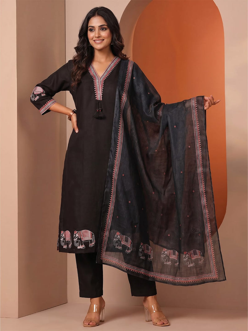 Women's Ethnic Elephant Border Kurta & Trouser With Dupatta Set