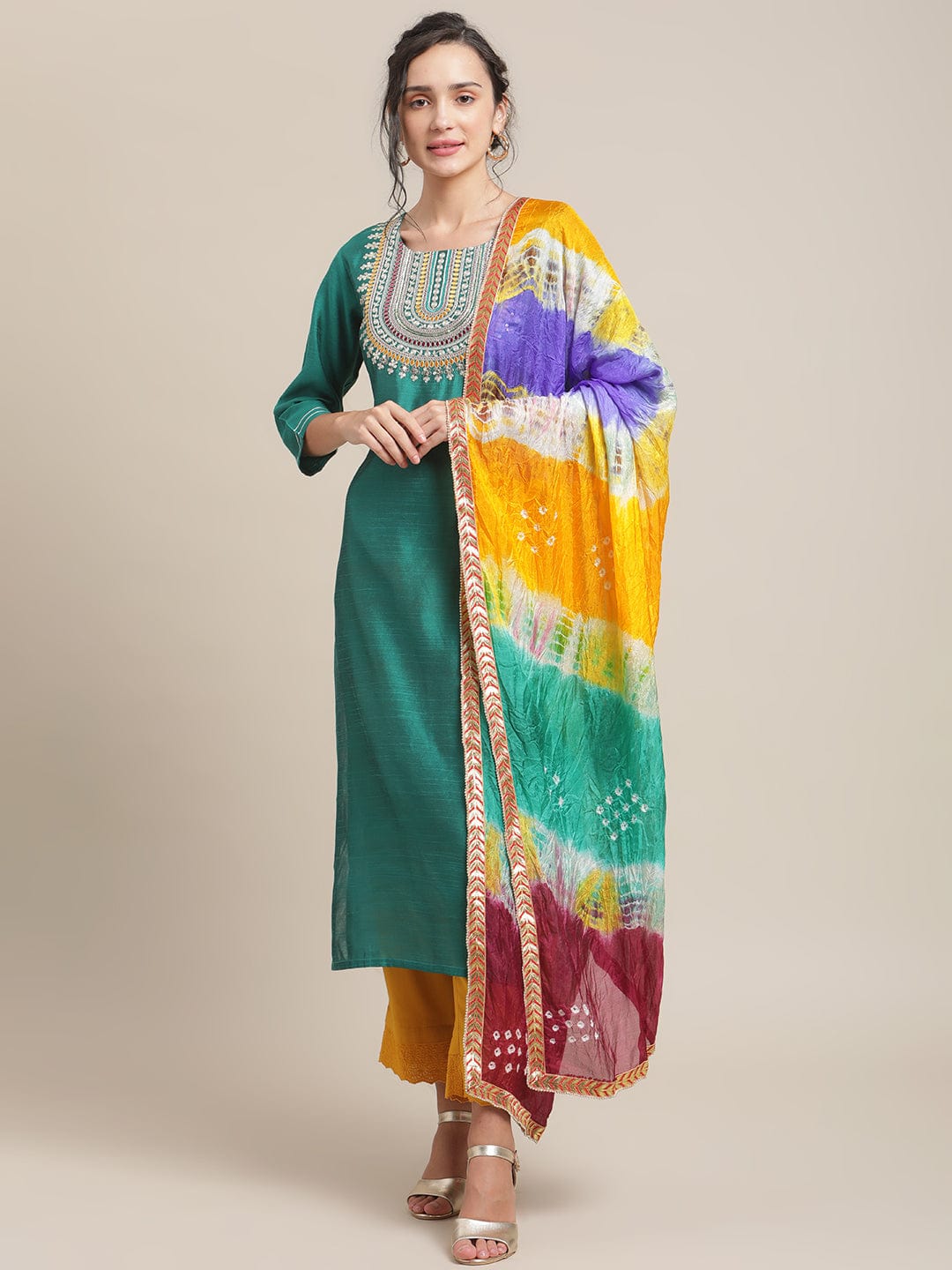 Varanga Women Teal Green Yoke Design Regular Kurta With Trousers & With Dupatta