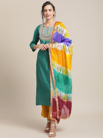Varanga Women Teal Green Yoke Design Regular Kurta With Trousers & With Dupatta