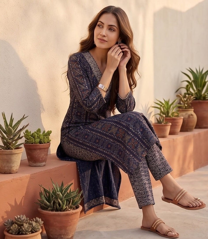 Varanga Women Blue Printed Embroidered Kurta With Bottom And Dupatta