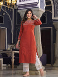 Red Ethnic Kurta Featuring Embroidered Yoke Detailing With Mirror.
