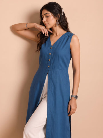 Sleeveless Blue Linen Kurta