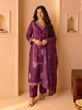 Purple Embroidered Kurta Set With Dupatta