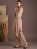 Varanga Women A Graceful Three-Piece Set Featuring A Shimmer Lace-Detailed Kurta, Solid Ankle-Length Trousers, And An Embroidered Net Dupatta.