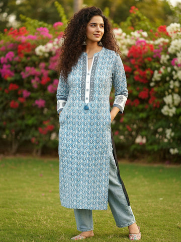 Varanga Blue Breeze Block-Print pure cotton Kurta
