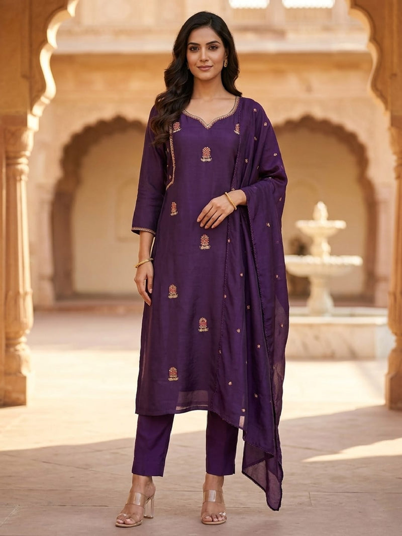 Purple Embroidered Ethnic Suit Set