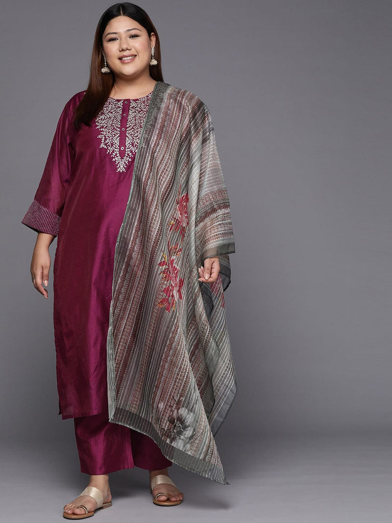 Varanga Women Plus Size Magenta Yoke Design Sequinned Chanderi Silk Kurta with Trousers & Dupatta