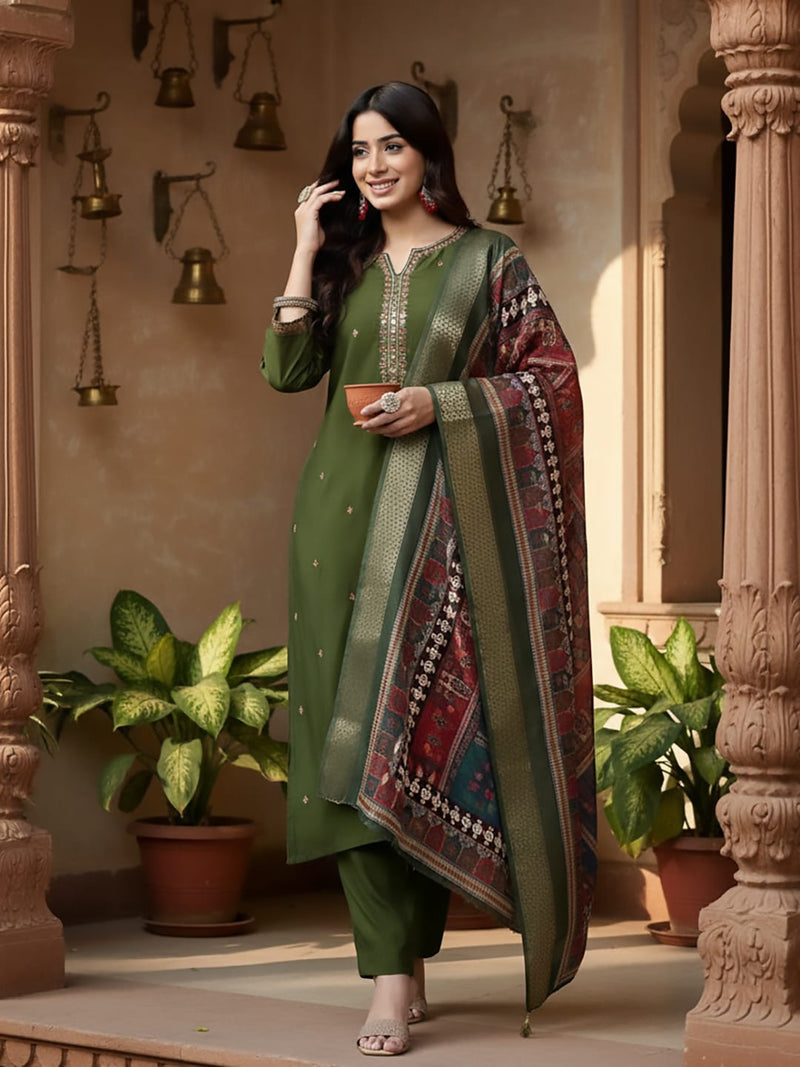 Varanga Women Olive Green Round Neck Placement Embroidered Kurta Paired With Tonal Bottom & Printed Dupatta