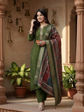 Varanga Women Olive Green Round Neck Placement Embroidered Kurta Paired With Tonal Bottom & Printed Dupatta