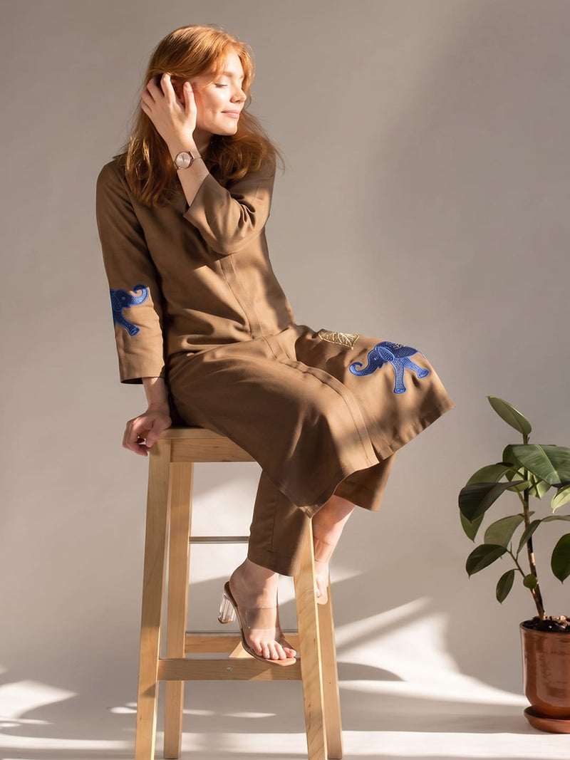 Womens Mocha Elephant embroidery Shirt-Style Kurta with Straight Trousers