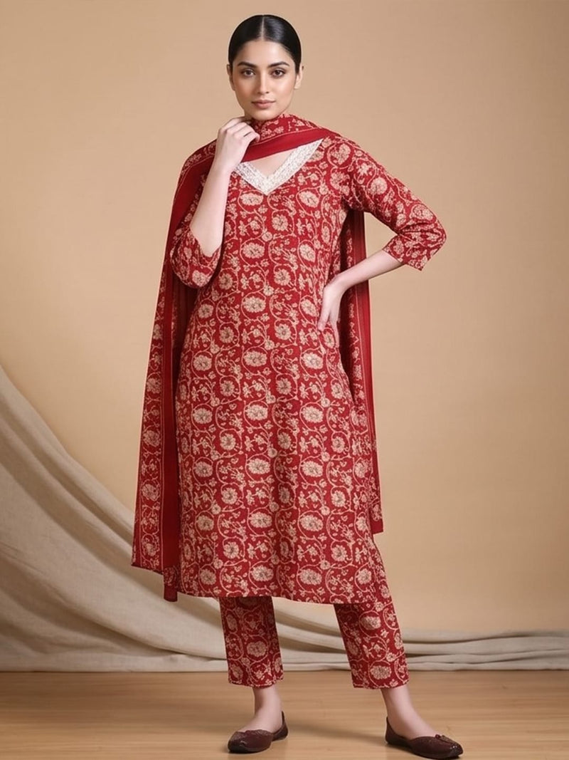 Varanga Women Ethnic Red Kurta Set With Dupatta