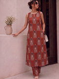 Fusion Block Printed Sleeveless Kurta Set In Cotton