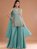 Sea Blue Embroidered Kurta Set Featuring Zari And Sequin Work With A Matching Flared Palazzo And Embellished Dupatta