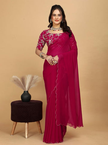 Varanga Woven Design Embroidered Poly Chiffon Heavy Work Saree