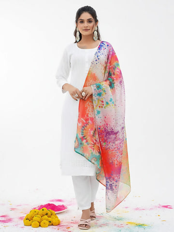 Varanga Women Self Embroidered Schiffli Bordered Kurta with Trouser & Multicolor Dupatta