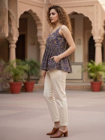 Ethnic Print Strap Sleeve Babydoll Top
