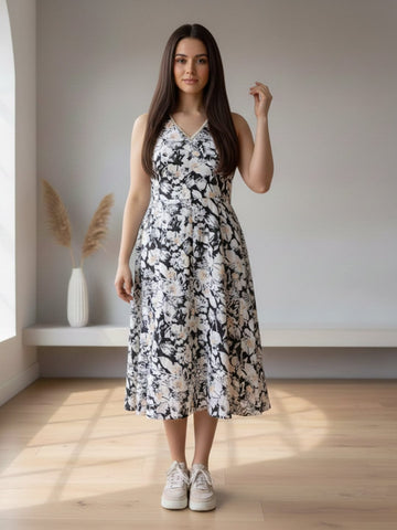 A floral-printed knee-length dress with v neckline perfect for turning heads from brunch to evening outings.