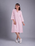 Women's Pink & White Striped Cotton-Blend Collared Shirt Dress
